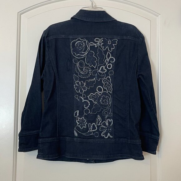 Chico's Platinum Jean Denim Jacket 0 Small Black Silver Buttons Stitching Beaded - Picture 4 of 8